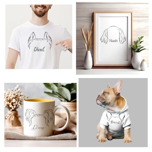 May include: A collage of pet-themed items. Includes a white t-shirt with a dog's head outline and the name "Diesel", a framed print with a dog's head outline and the name "Hunter", a mug with a dog's head outline and the name "Daisy", and a dog wearing a shirt with a dog's head outline and the name "Biscuit".
