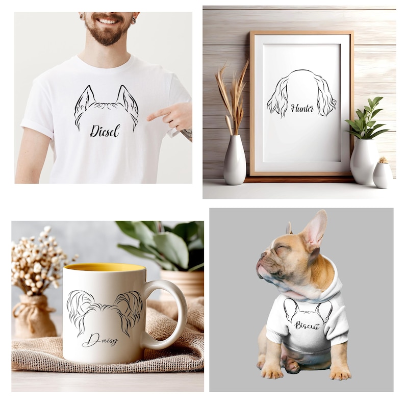 May include: A collage of pet-themed items. Includes a white t-shirt with a dog's head outline and the name "Diesel", a framed print with a dog's head outline and the name "Hunter", a mug with a dog's head outline and the name "Daisy", and a dog wearing a shirt with a dog's head outline and the name "Biscuit".