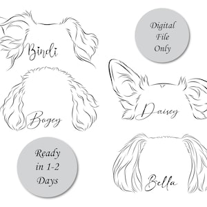 Puede incluir: Cuatro dibujos en blanco y negro de cabezas de perro con sus nombres escritos debajo. Los nombres son Bindi, Bogey, Daisy y Bella. El texto "Archivo digital solamente" y "Listo en 1-2 d&iacute;as" tambi&eacute;n est&aacute; incluido en la imagen.
