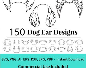 Dog Breed Ear Clipart Bundle, 150 Minimalist Pet Designs, SVG PNG DXF, Commercial Use, Instant Download