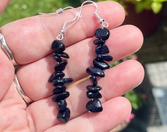 Blue Goldstone earrings, 925 sterling silver, gemstone crystal, goldstone dangle drop boho, blue