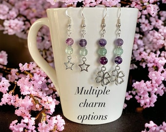 Fluorite earrings, charms OR no charm, 925 Sterling Silver, dangle earrings, 6mm Fluorite round bead