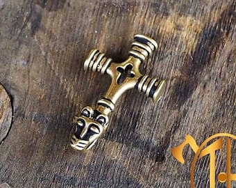 Colgante Cruz de Fósil | Cruz de Lobo Vikinga Islandesa en Bronce, Collar Nórdico - Regalo de Navidad, Recreación Histórica