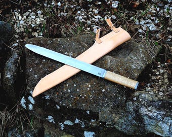 Seax vikingo de punta roma tipo III | Hadseax listo para la batalla con vaina de cuero - Recreación histórica, HMB, Buhurt