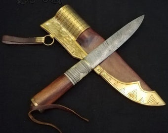 Cuchillo vikingo de Gotland | Hoja de acero de Damasco estilo Seax nórdico - Recreación histórica y LARP - Regalo artesanal para él