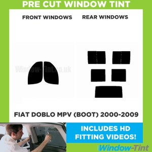 Puede incluir: Tinte para ventanas precortada para un Fiat Doblo MPV (Maletero) modelo de 2000-2009. La imagen muestra las piezas de tinte para las ventanas delanteras y traseras. El texto "INCLUYE VIDEOS DE INSTALACIÓN HD!" también está incluido en la imagen.