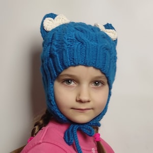 Children&#39;s knitted trapper hat with cat ears, wool kids hat and mittens, warm winter baby hat