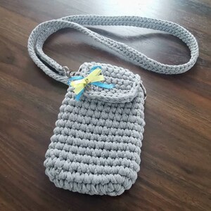Crochet smartphone bag, phone neck pouch, phone travel purse, grey