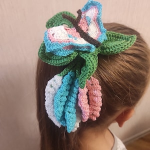Crochet hair band, butterfly on flower