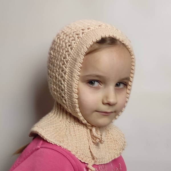 Beige knitted kid's balaclava, girl's winter hat and scarf, warm hat and mittens