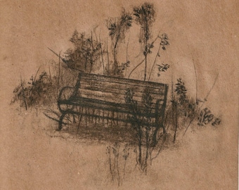 Bench on the North Riverfront, Serene Landscape Fine Art Prints, Rustic Nature Sketch, Minimalist Wall Art art print download