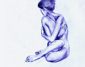 Looking Away Figure Drawing Gritty Blue Version - Digital Art Print
