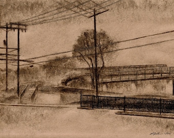 Soulard Walkway, St. Louis — Charcoal Urban Landscape Print on Brown Paper, Architectural Fine Art Drawing or Highway Overpass in Soulard.