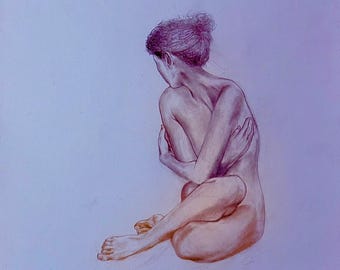 Looking Away Figure Drawing Vibrant Version - Digital Art Print
