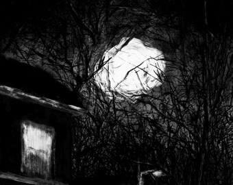 Moonlit Neighborhood Night Print, Noir Wall Art, Thoughtful Quiet Street Print, Subtly Haunting Midnight Scene, Minimalist Mystery Decor