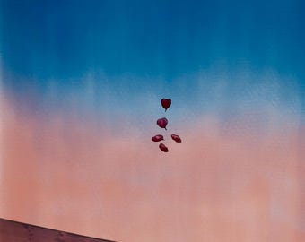 02/16/2026 Heart Balloon Art Print, Melancholic Sunset Illustration, Gift for Minimalist, Sad Aesthetic Poster, Digital Illustration
