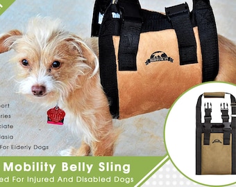 May include: A tan and black dog mobility belly sling designed for injured and disabled dogs. The sling has adjustable straps and a padded belly support. The sling is shown on a small, light brown dog.