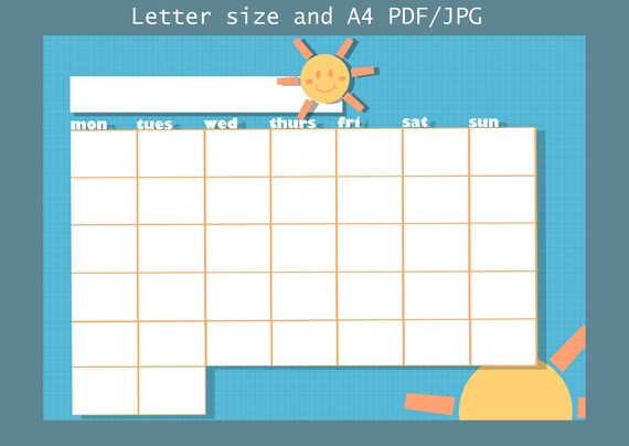 Cute Summer Printable Blank Calendar - Etsy