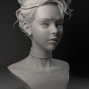 May include: A white bust sculpture of a woman with a detailed hairstyle and a choker necklace.
