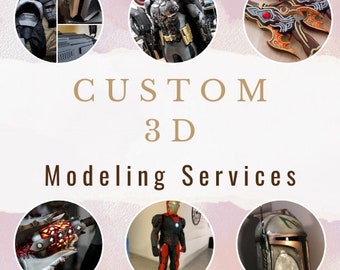 May include: Custom 3D modeling services for creating props and costumes. Images show examples of a Batman costume, a pair of fantasy weapons, a Mandalorian helmet, a custom Iron Man suit, and a fantasy weapon.
