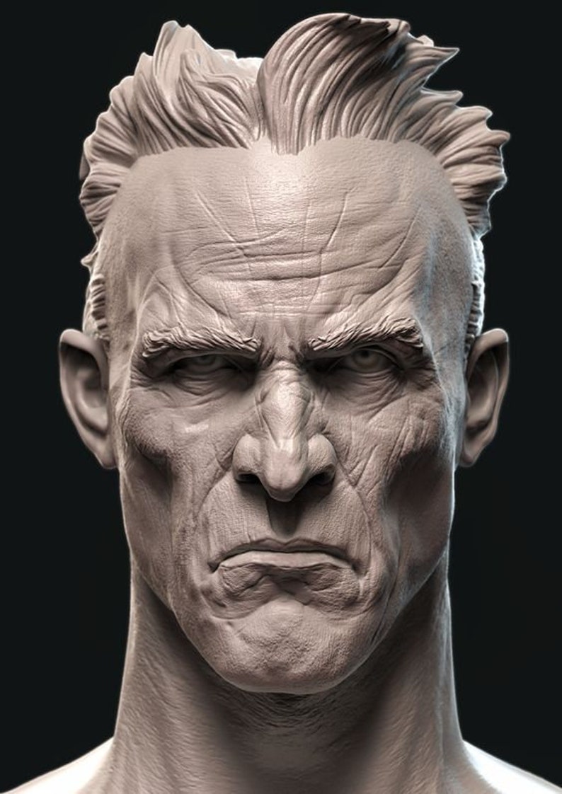 May include: A close-up of a detailed, sculpted bust of a man's head and shoulders. The man has a serious expression with furrowed brows and a determined look. The sculpture is made of a light gray material and shows realistic detail in the man's facial features and hair.