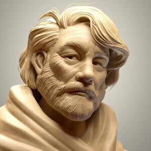 May include: A close-up of a detailed, sculpted bust of a man with a beard and long hair. The bust is made of a light brown material, possibly clay or wood. The man's face is expressive, with a thoughtful look.