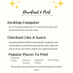 May include: A cream-colored graphic with text that reads "Download & Print." Instructions are provided for downloading files from Etsy, including how to find them on a desktop computer and as a guest. Popular printing locations are listed.