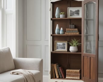 Glass Doors Tall Storage Display Cabinet White Rustic Farmhouse Shabby Chic Primitive Pantry Linen