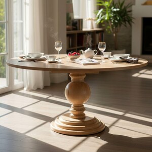 May include: A round light-colored wooden dining table with a central pedestal base featuring a large spherical element. The tabletop is set with white ceramic bowls, saucers, cups, two stemmed glasses, a small bowl of berries, and a teapot.