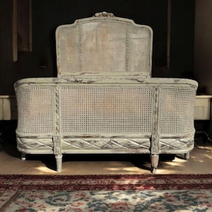 Handcrafted Country French Caned Queen Bed: Shabby Chic Bedroom Furniture