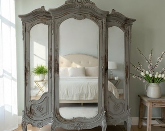 French Country Triple Door Mirror Armoire Distressed Grey Free Standing Closet
