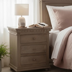 May include: A wooden nightstand with three drawers, a lamp, and a cup on top. The nightstand is next to a bed with a pink comforter and white sheets. A book and pen are on the nightstand.