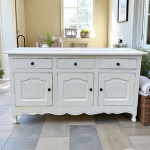 French Country White Buffet Server: Shabby Chic Distressed Console Table