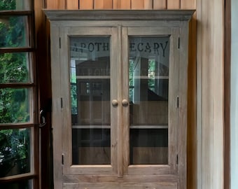Hand Crafted Mango Wood Apothecary Cabinet: French Gray Glass Door Hutch