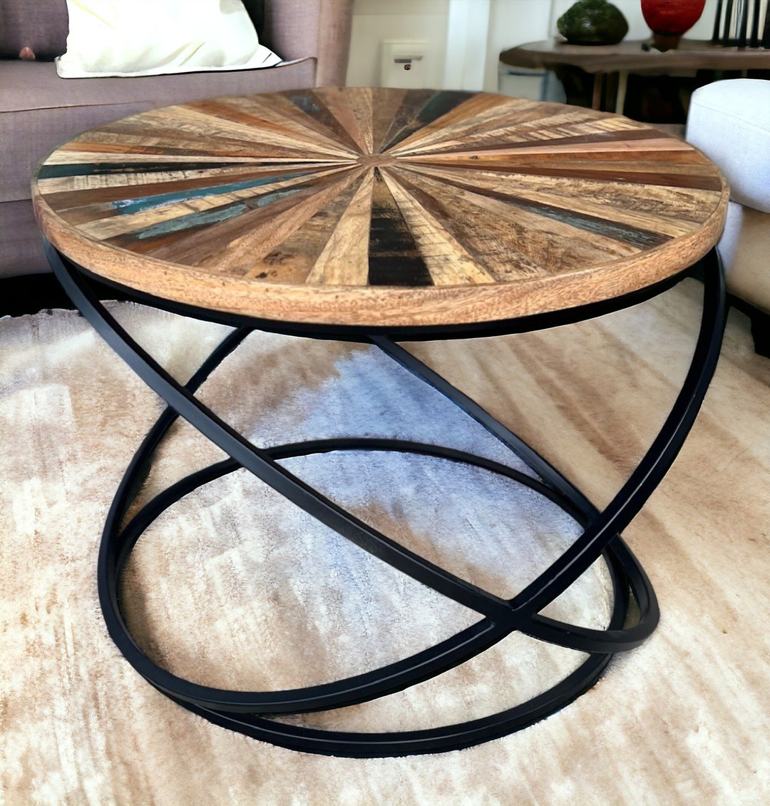 Round Contemporary Modern Rustic Coffee/side End Table Iron Base Primitive Coastal Solid Wood - Etsy