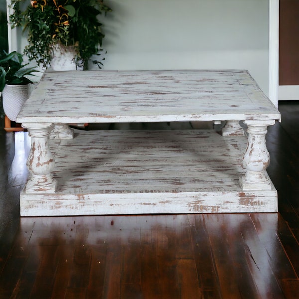 Rustic Solid Wood Rectangle Living Room Coffee Table Floor Shelf Pedestal Legs Whitewash Finish