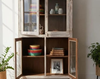Distressed Farmhouse Rustic Kitchen Linen Storage Glass Display Pantry Cabinet 4 Glass Door