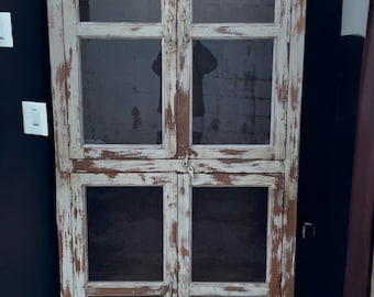 Distressed Tall Glass Display Cabinet Farmhouse