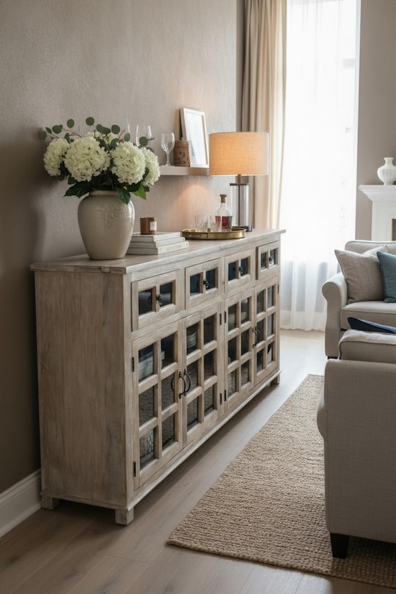 Modern Coastal Sideboard Smoked Glas 4 Door 4 Drawer Buffet Server Credenza