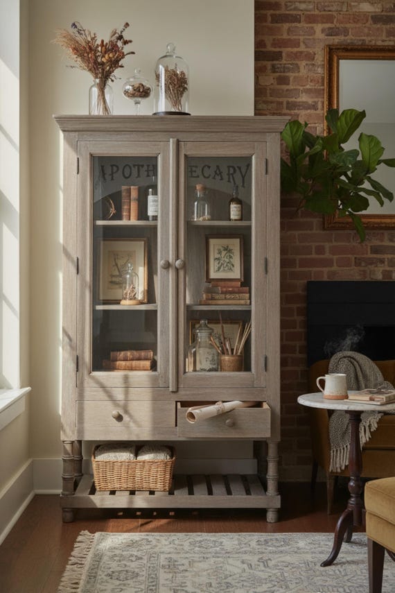 Glass Door Apothecary Kitchen Display Storage Cabinet Pie Safe Open Bottom Shelf Rustic Hutch