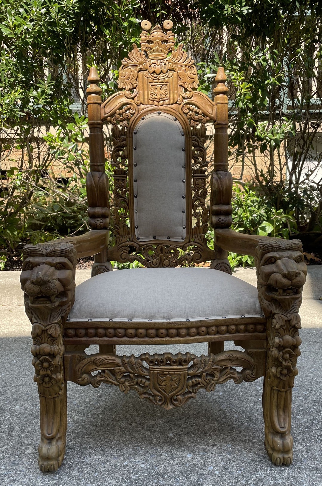 Whimsical Child Size Rustic Rococo Upholstered Royal Throne Chair