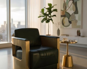 Modern Club Lounge Leather Armchair Green Gold Accent Chair Home Office