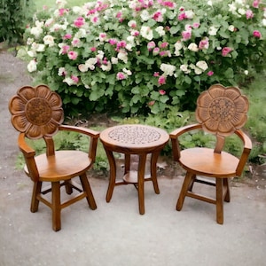 Sunflower Terrace 2 Piece Adorable Chairs 1 Accent Table Modern Indoor-Outdoor Patio Porch Artist Carved Outdoor Garden Kitchen