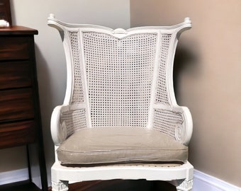 Beige Cushion French Provincial Rattan Cane Wicker Solid Wood Distressed White Wingback Armchair Shabby Primitive Accent Chair