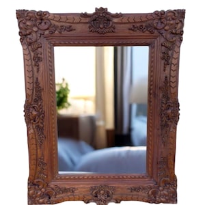 Rustic Square Large Wall Decor Hanging Hand Carved Solid Wood Accent Mirror