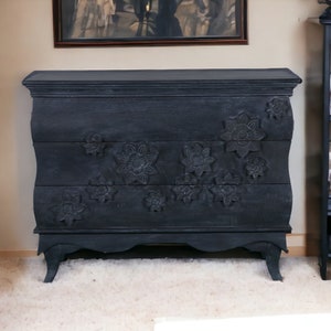 Hand Carved Bombay Dresser: Distressed Black Floral 3-Drawer Chest