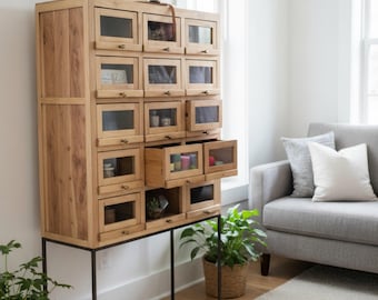 Solid Wood Glass Display Cabinet Modern Industrial Iron Base Organizer Retail 15 Lift Door
