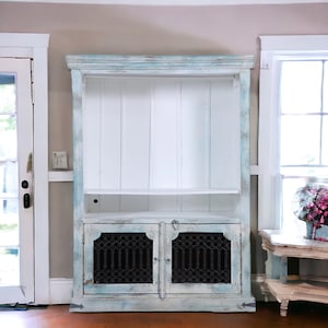 Modern Coastal Shabby Chic Farmhouse Distressed Solid Wood Kitchen Den Large Storage Cabinet Primitive