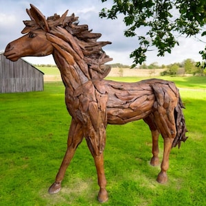 Hand Carved Teak Wood Horse Sculpture: Large Indoor-Outdoor Yard Art