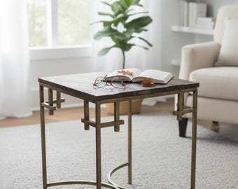 Modern Teak Side Table Rustic Iron Semi-Circle Base PAIR